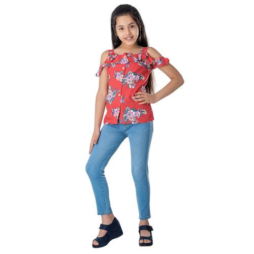 Girls Red Floral Cotton Top