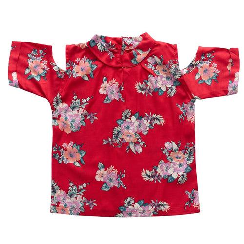 Girls Red Floral Cotton Top