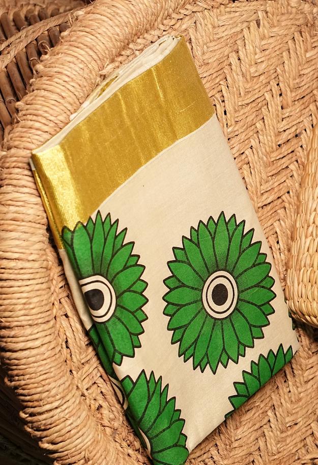 Tissue Kasavu Saree with Sunflower Art on Body and Pallu - 2421