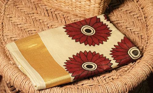 Tissue Kasavu Saree with Sunflower Art on Body and Pallu - 2421