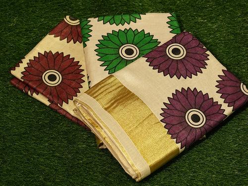 Tissue Kasavu Saree with Sunflower Art on Body and Pallu - 2421