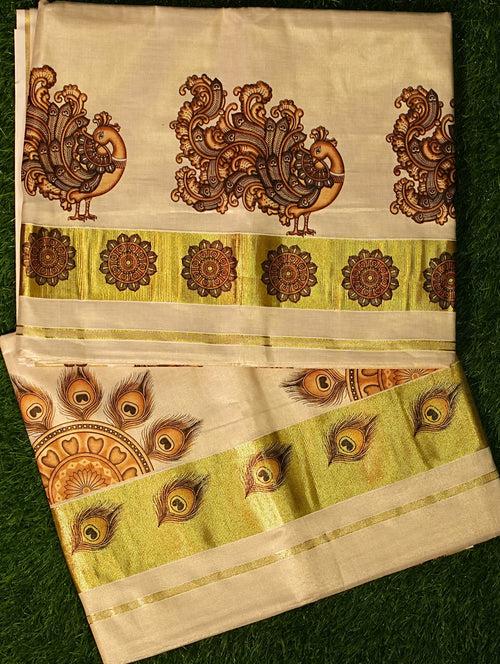 Kerala Tissue Saree with peacock mural print- 2424