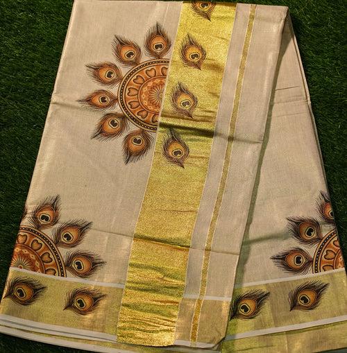 Kerala Tissue Saree with peacock mural print- 2424