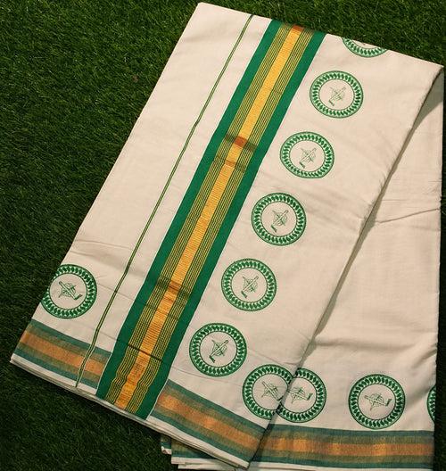 Pure Cotton Kerala Kasavu Saree with Block Prints and Solid Colour Border - 2425