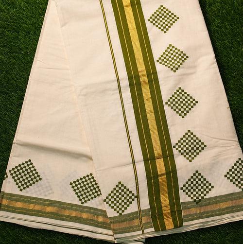 Pure Cotton Kerala Kasavu Saree with Block Prints and Solid Colour Border - 2425