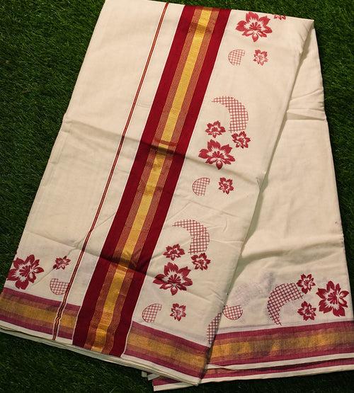 Pure Cotton Kerala Kasavu Saree with Block Prints and Solid Colour Border - 2425