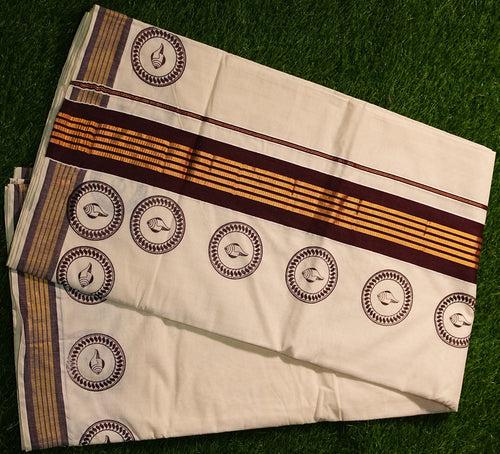 Pure Cotton Kerala Kasavu Saree with Block Prints and Solid Colour Border - 2425