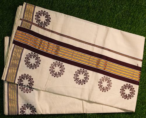 Pure Cotton Kerala Kasavu Saree with Block Prints and Solid Colour Border - 2425