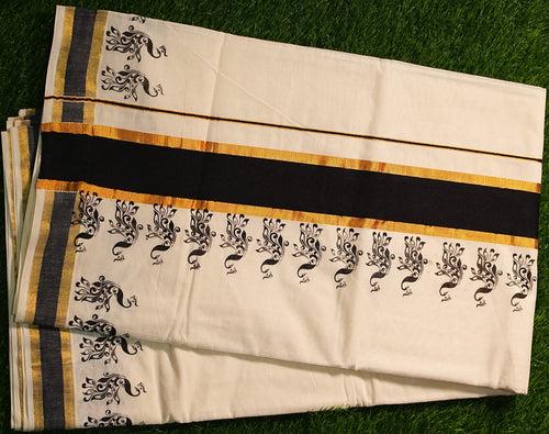 Pure Cotton Kerala Kasavu Saree with Block Prints and Solid Colour Border - 2425