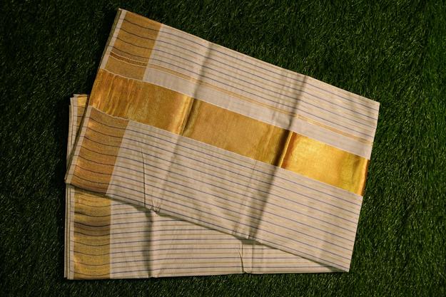 Kerala Traditional Cotton set Saree with Blue and Gold Vertical lines - 2437