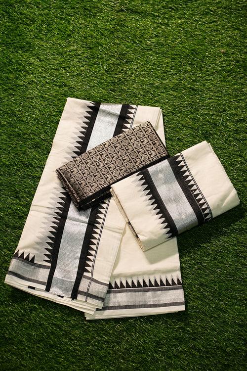 Kerala Traditional Cotton Set Mundu with Black and Silver Border -2443