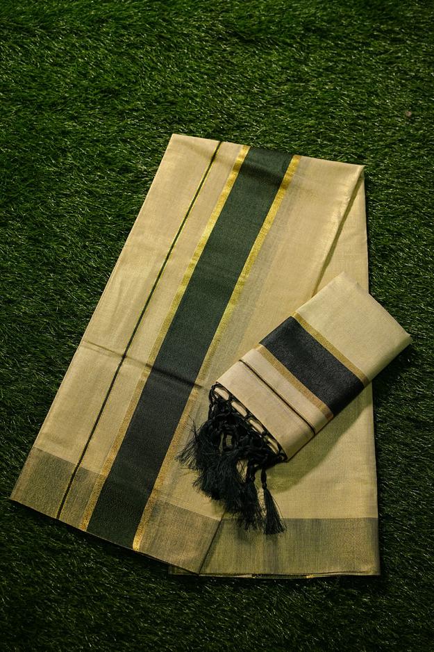 Kerala Traditional Tissue Single Set Mundu with Dark Green Border and tassels -2434