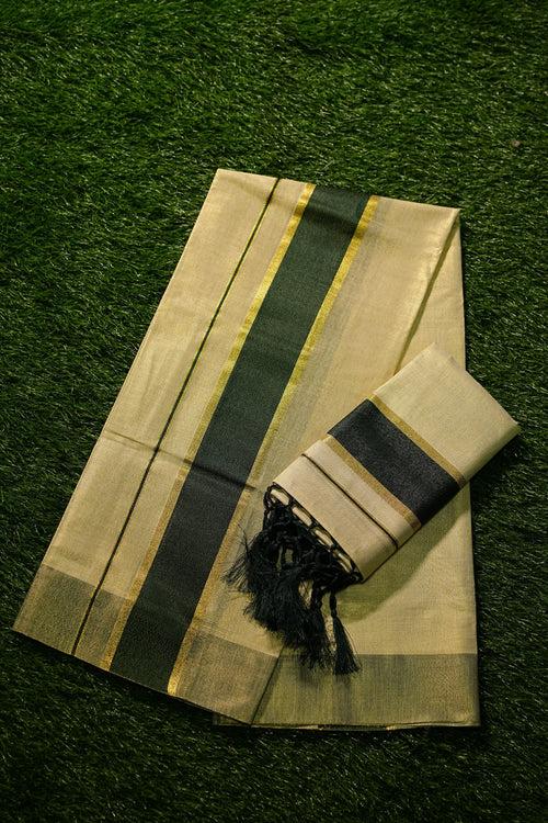 Kerala Traditional Tissue Single Set Mundu with Dark Green Border and tassels -2434