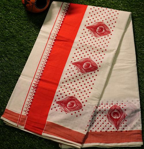 Pure Kerala Cotton Saree With Peacock Feather Block Prints and Solid Colour Borders- 2426