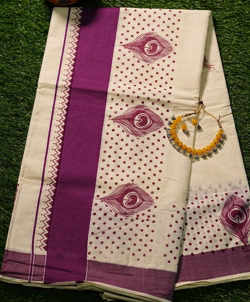 Pure Kerala Cotton Saree With Peacock Feather Block Prints and Solid Colour Borders- 2426