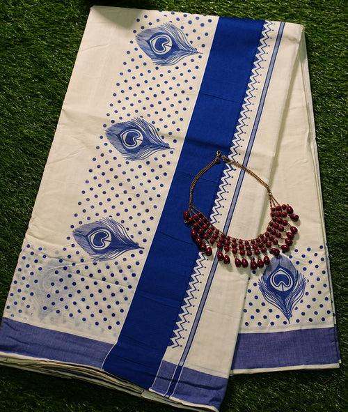 Pure Kerala Cotton Saree With Peacock Feather Block Prints and Solid Colour Borders- 2426