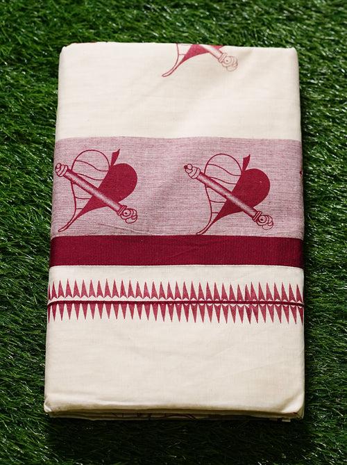 Kerala Cotton Saree with Aalila and Flute Block Prints and Solid Colour Border- 2427