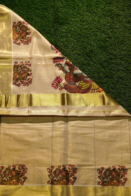 Kerala Tissue Kasavu Set Saree with Mural Prints on Pallu and all over the body - 2430