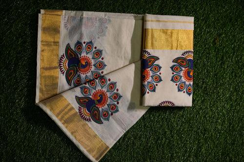 100% Pure Cotton Kerala Saree with Mural Prints and Kasavu Border-2433