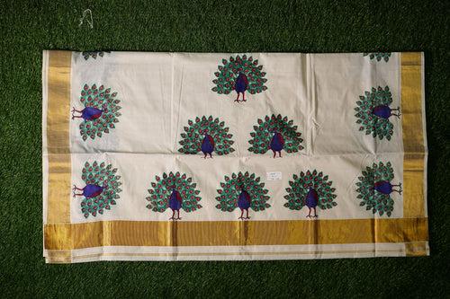 100% Pure Cotton Kerala Saree with Mural Prints and Kasavu Border-2433