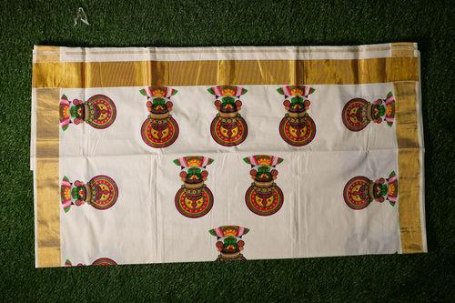 100% Pure Cotton Kerala Saree with Mural Prints and Kasavu Border-2433