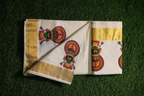 100% Pure Cotton Kerala Saree with Mural Prints and Kasavu Border-2433