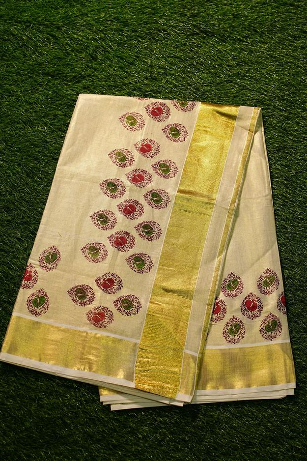 Kerala Tissue Set Saree with small Peacock Designs-2442