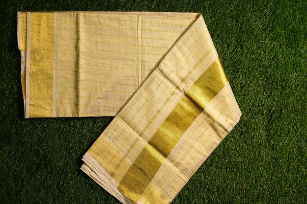 Kerala Tissue Set Saree with Check Pattern-2439