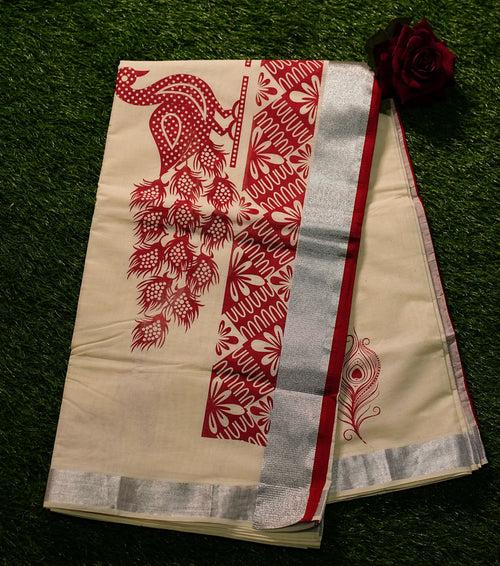 Traditional Kerala Cotton Saree with Silver Border and Peacock Print- 2449