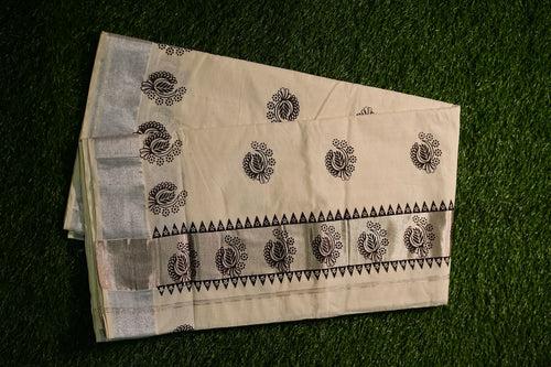 Kerala Traditional Cotton set saree with black and silver border, with full body work-2448