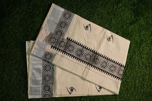 Kerala Traditional Cotton set saree with black and silver border, with full body work-2448