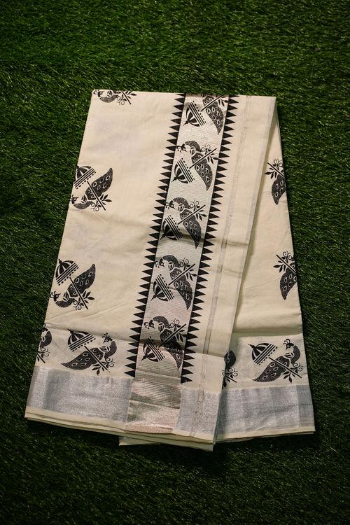 Kerala Traditional Cotton set saree with black and silver border, with full body work-2448