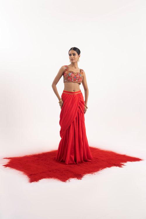 Elegant 3-piece set featuring a red cotton silk draped skirt set