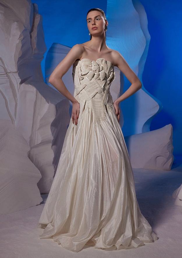 Ivory Chanderi finely pleated gown