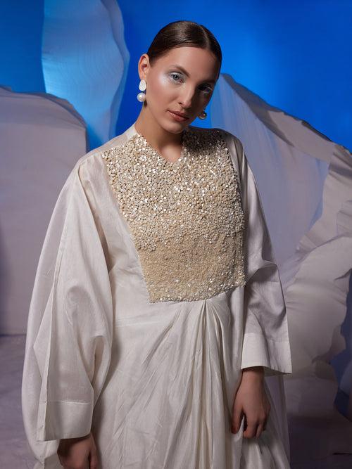 Ivory kaftan featuring loaded sequence work at front