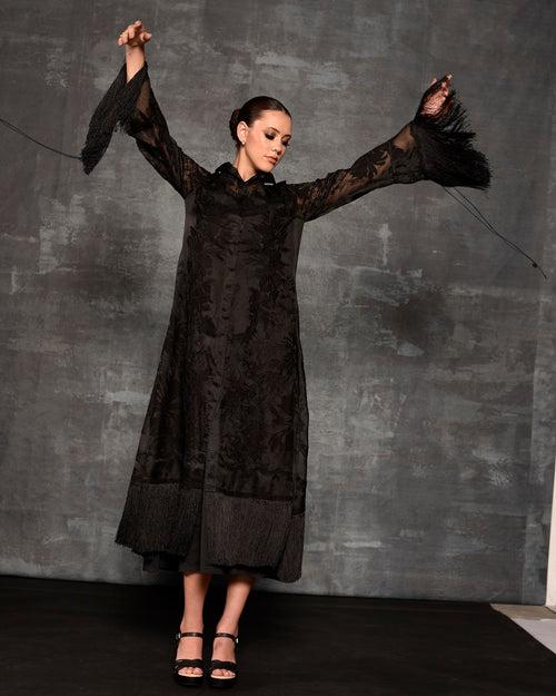 Black organza silk kurta enhanced with appliqué work