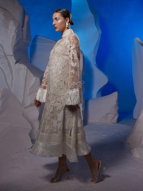 Ivory organza silk kurta enhanced with appliqué work