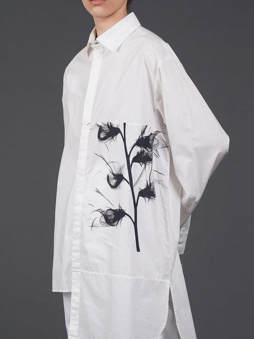 White asymmetric hem, stylish cotton shirt with digital print on it