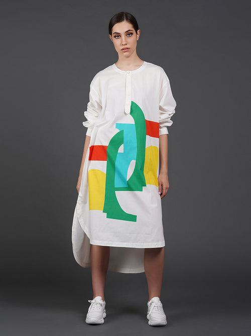 White cotton shirt showcasing abstract digital print in the front.