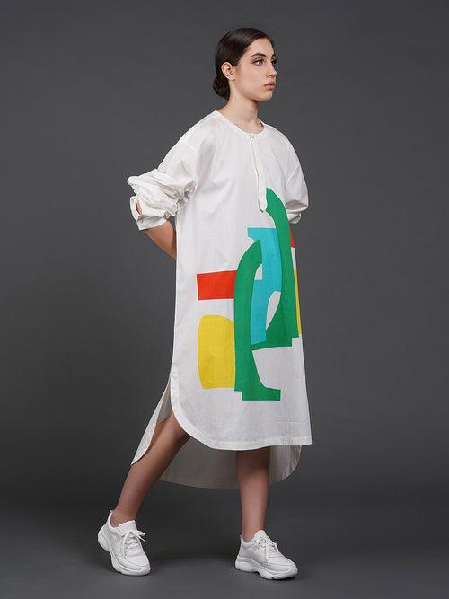 White cotton shirt showcasing abstract digital print in the front.