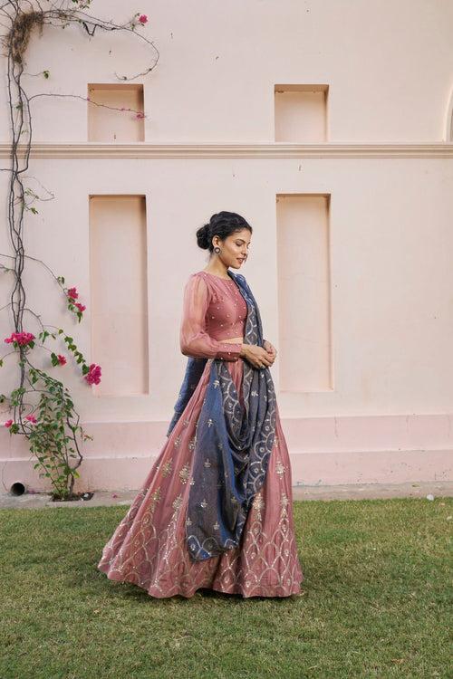 kikli dusky rose lehenga-set of 3( blouse, kalidar skirt & dupatta)