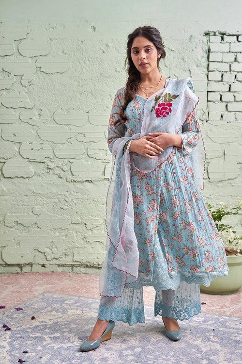 JAMUN ki tokri ( neeli)-set of 3- printed kurta, pant & dupatta