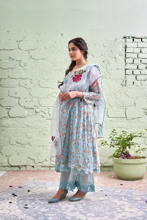 JAMUN ki tokri ( neeli)-set of 3- printed kurta, pant & dupatta