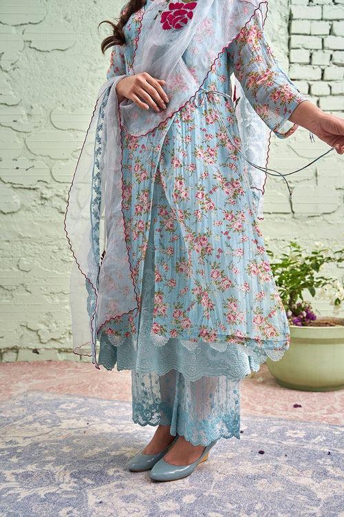 JAMUN ki tokri ( neeli)-set of 3- printed kurta, pant & dupatta