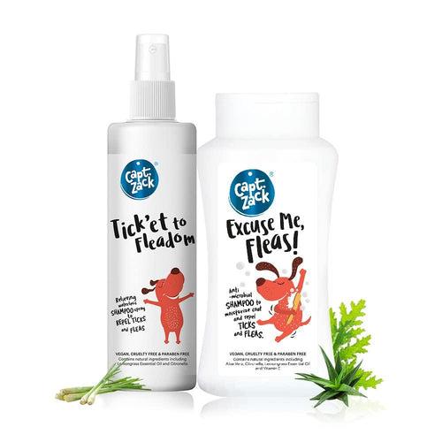 Tick’et to Fleadom Dry Shampoo-250ml + Excuse Me Fleas Dog Shampoo-200ml