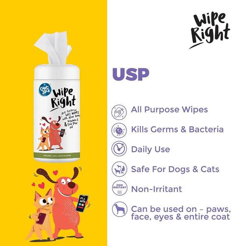 Wipe Right Anti-Bacterial Wet Wipes for Dogs & Cats, 80 Wipes + Tick’et to Fleadom Waterless Dog Shampoo 250 ml