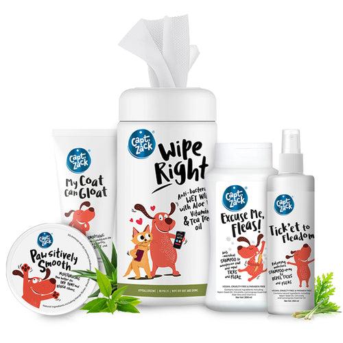 Captain Zack Dog Fleadom kit for All Breeds | Ultimate 6-in-1Groom-Kit for Your Dog | Shampoo + Conditioner + Dry Shampoo + Paw Butter + Cologne + WipesI pH Balanced & Paraben Free