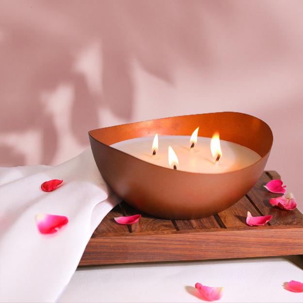 Rosemoore Scented Premium Metal Large Bowl Candle Matte Rose Gold- Rose Fragrance