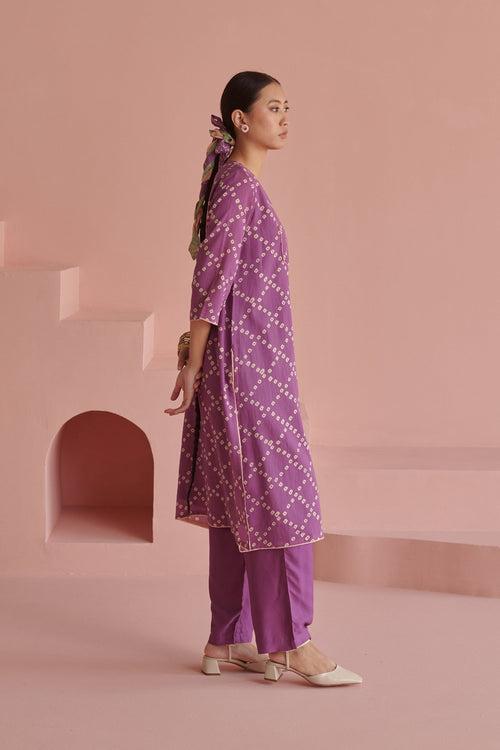 Purple Bandhej Straight Kurta Set