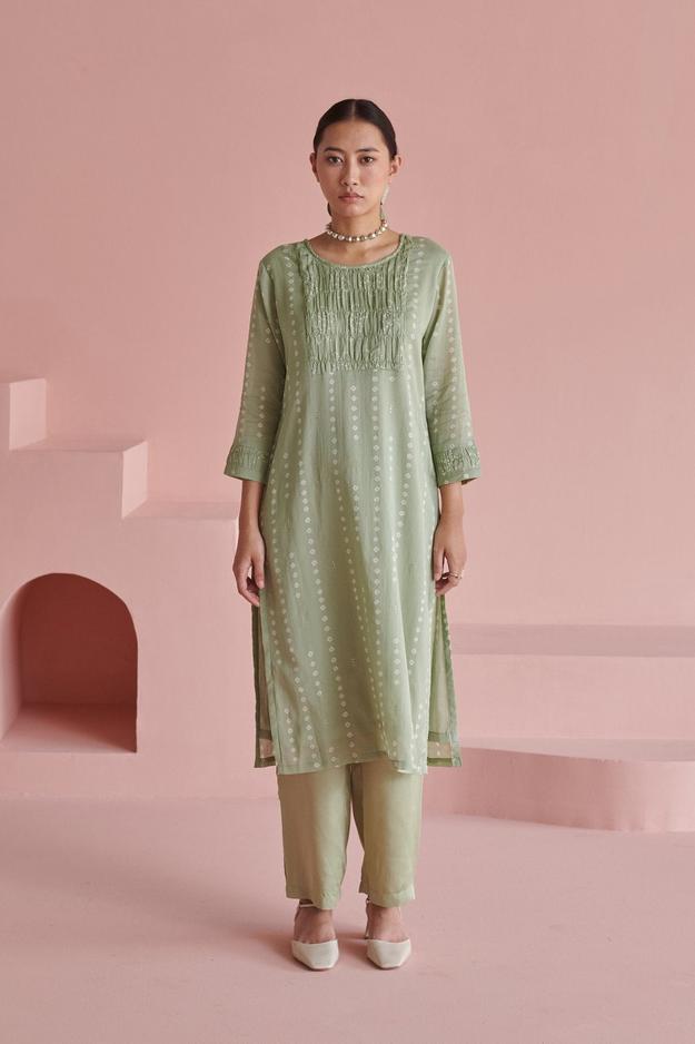 Green Bandhej Straight Smock Kurta Set